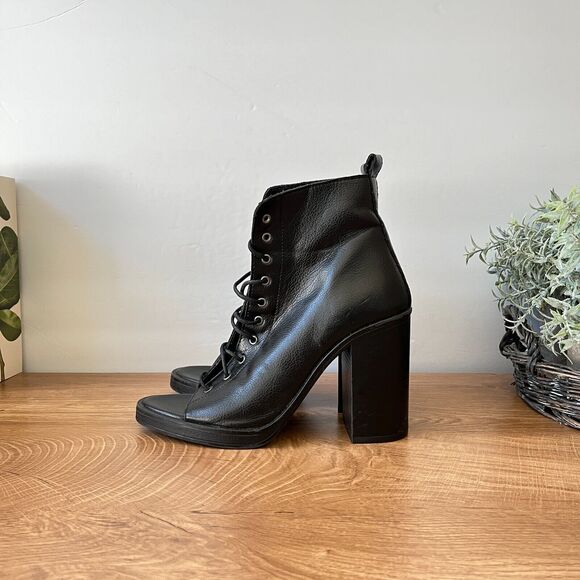Women’s ZARA Black Leather Peep Toe Lace Up Boots Size 37 Trafaluc - Picture 2 of 9
